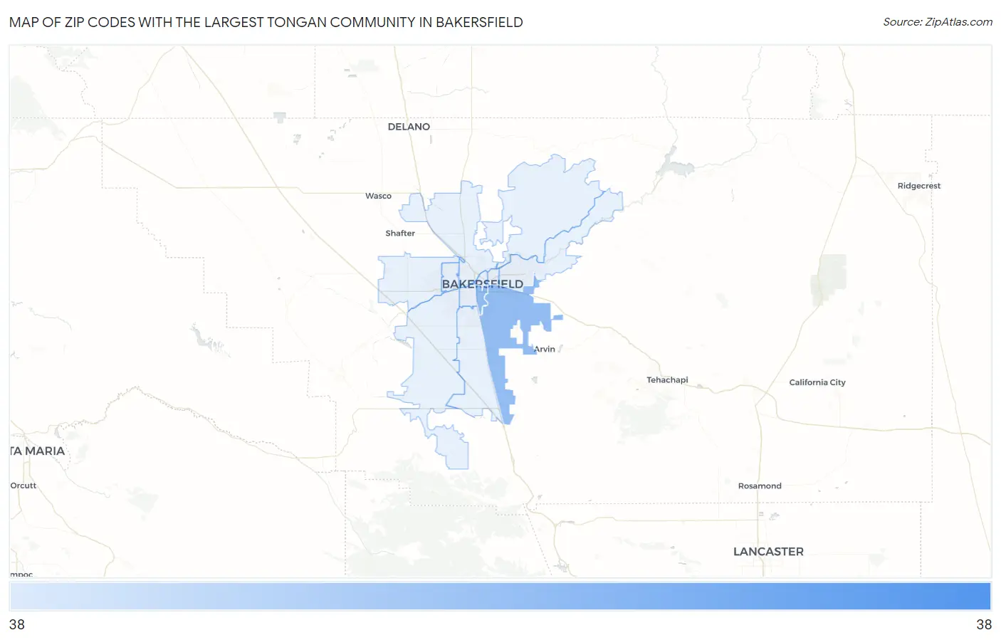 Zip Codes with the Largest Tongan Community in Bakersfield Map