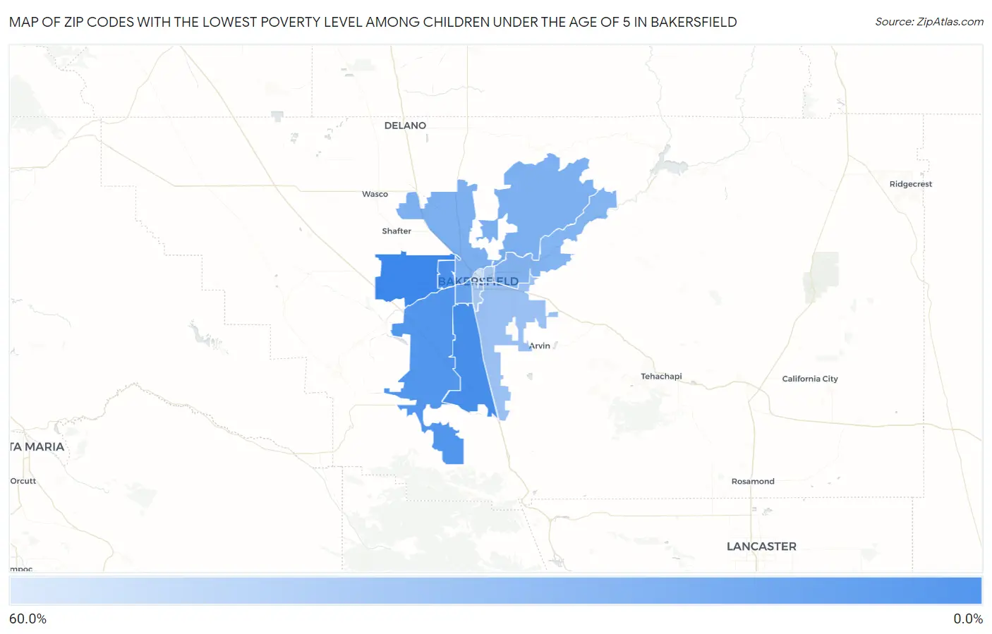 Zip Codes with the Lowest Poverty Level Among Children Under the Age of 5 in Bakersfield Map