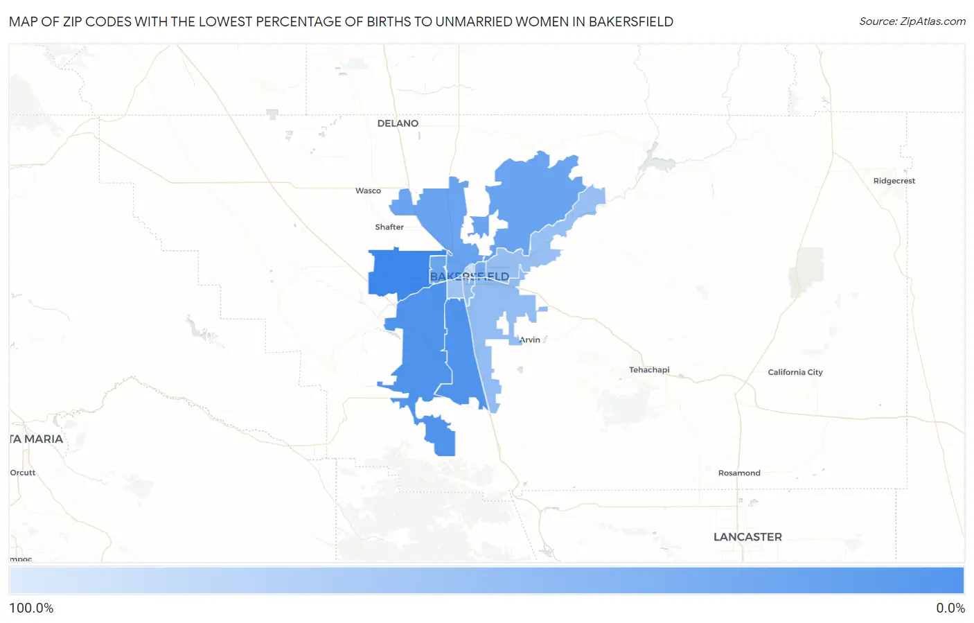 Zip Codes with the Lowest Percentage of Births to Unmarried Women in Bakersfield Map