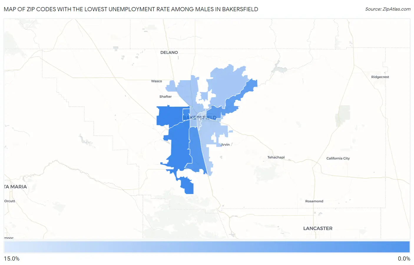 Zip Codes with the Lowest Unemployment Rate Among Males in Bakersfield Map