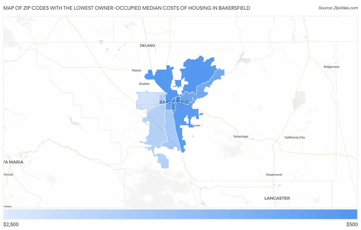 Zip Codes with the Lowest Owner-Occupied Median Costs of Housing in Bakersfield Map