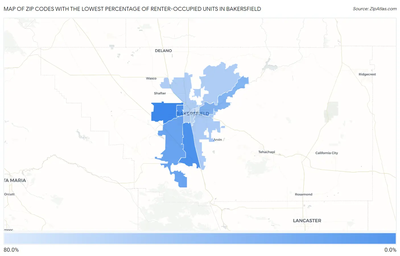 Zip Codes with the Lowest Percentage of Renter-Occupied Units in Bakersfield Map