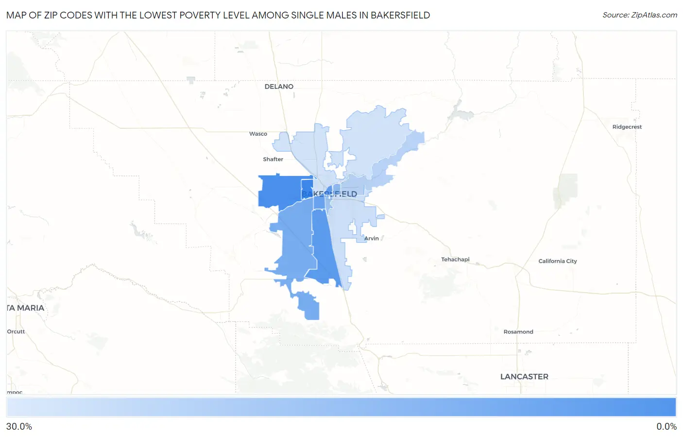 Zip Codes with the Lowest Poverty Level Among Single Males in Bakersfield Map