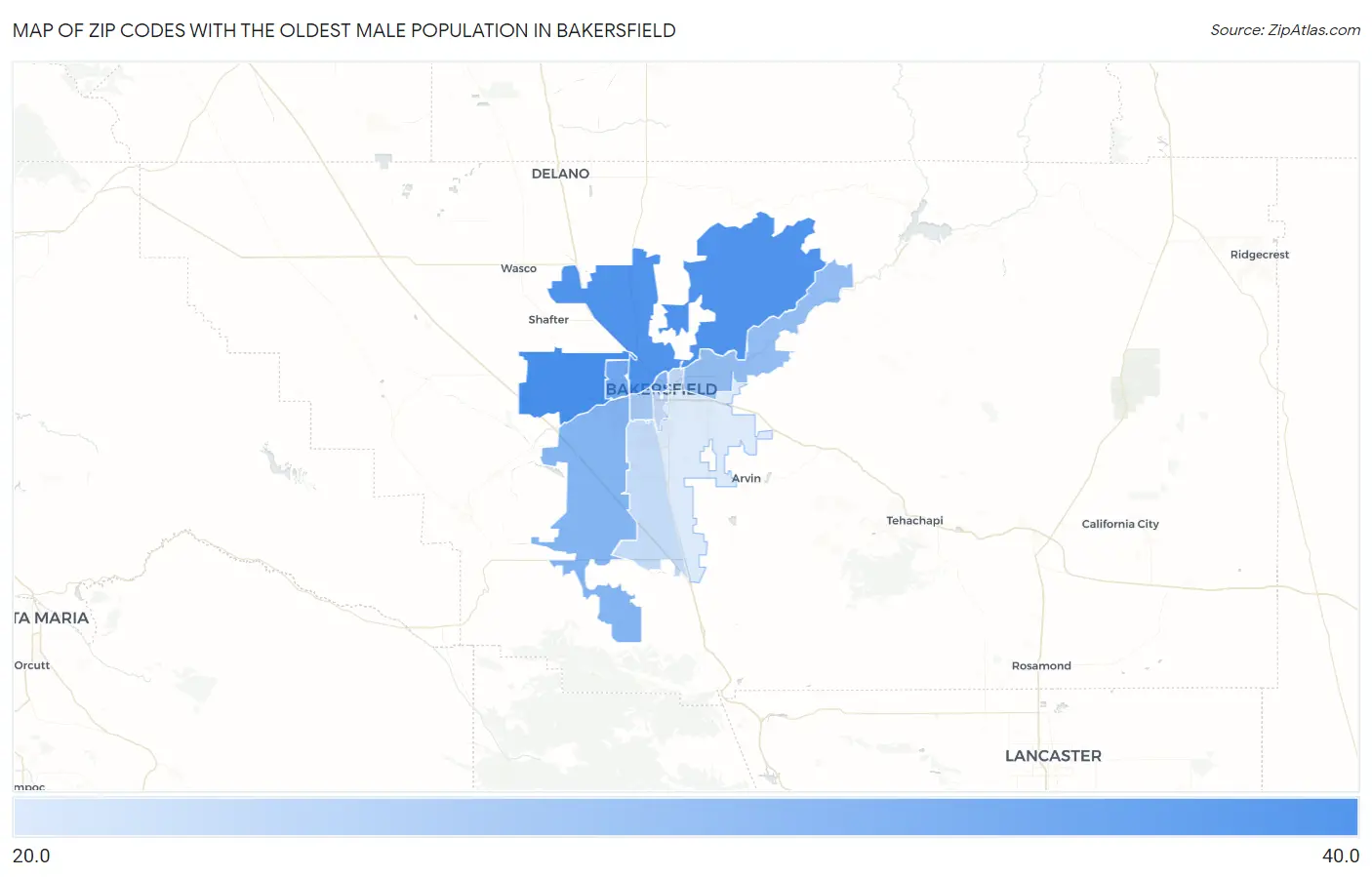 Zip Codes with the Oldest Male Population in Bakersfield Map