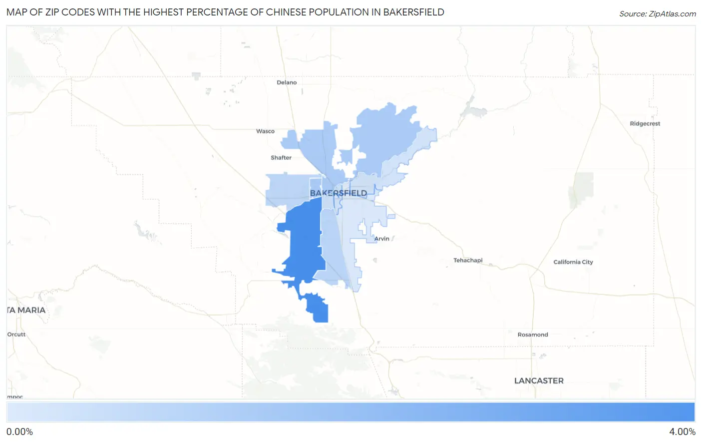 Zip Codes with the Highest Percentage of Chinese Population in Bakersfield Map