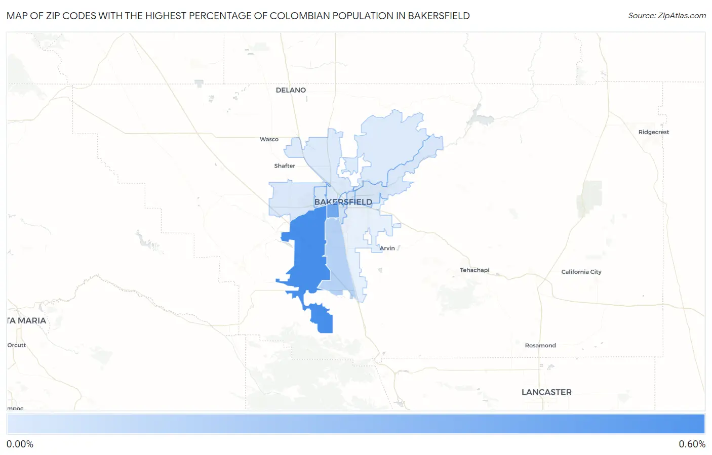 Zip Codes with the Highest Percentage of Colombian Population in Bakersfield Map