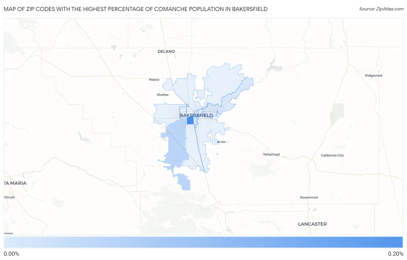Zip Codes with the Highest Percentage of Comanche Population in Bakersfield Map