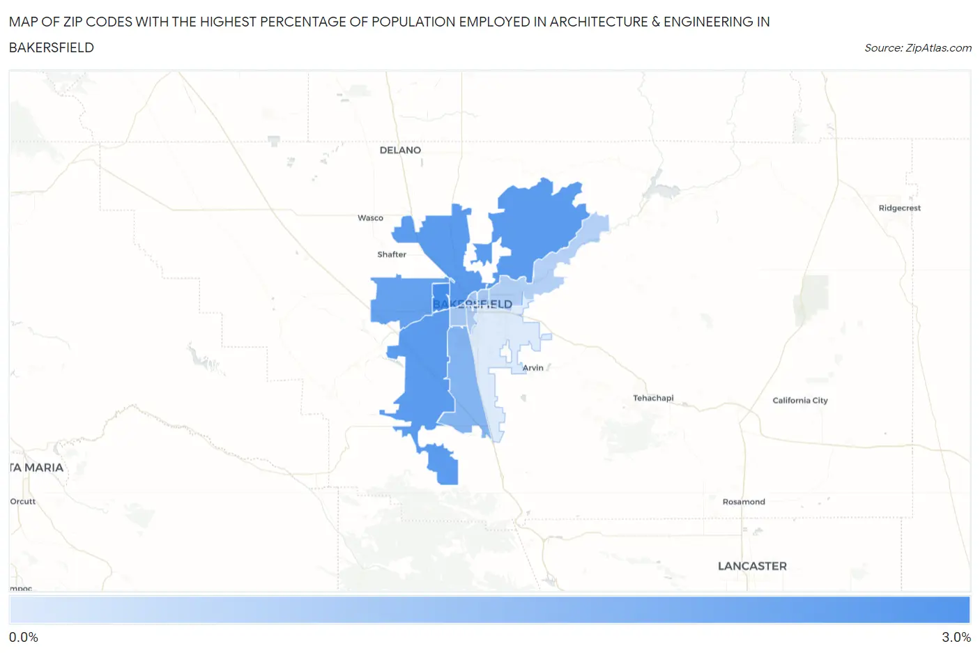 Zip Codes with the Highest Percentage of Population Employed in Architecture & Engineering in Bakersfield Map