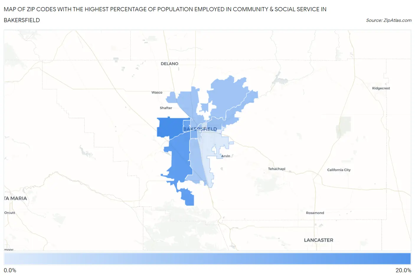 Zip Codes with the Highest Percentage of Population Employed in Community & Social Service  in Bakersfield Map