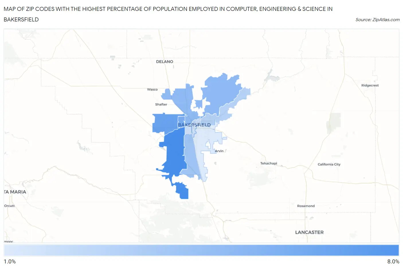 Zip Codes with the Highest Percentage of Population Employed in Computer, Engineering & Science in Bakersfield Map