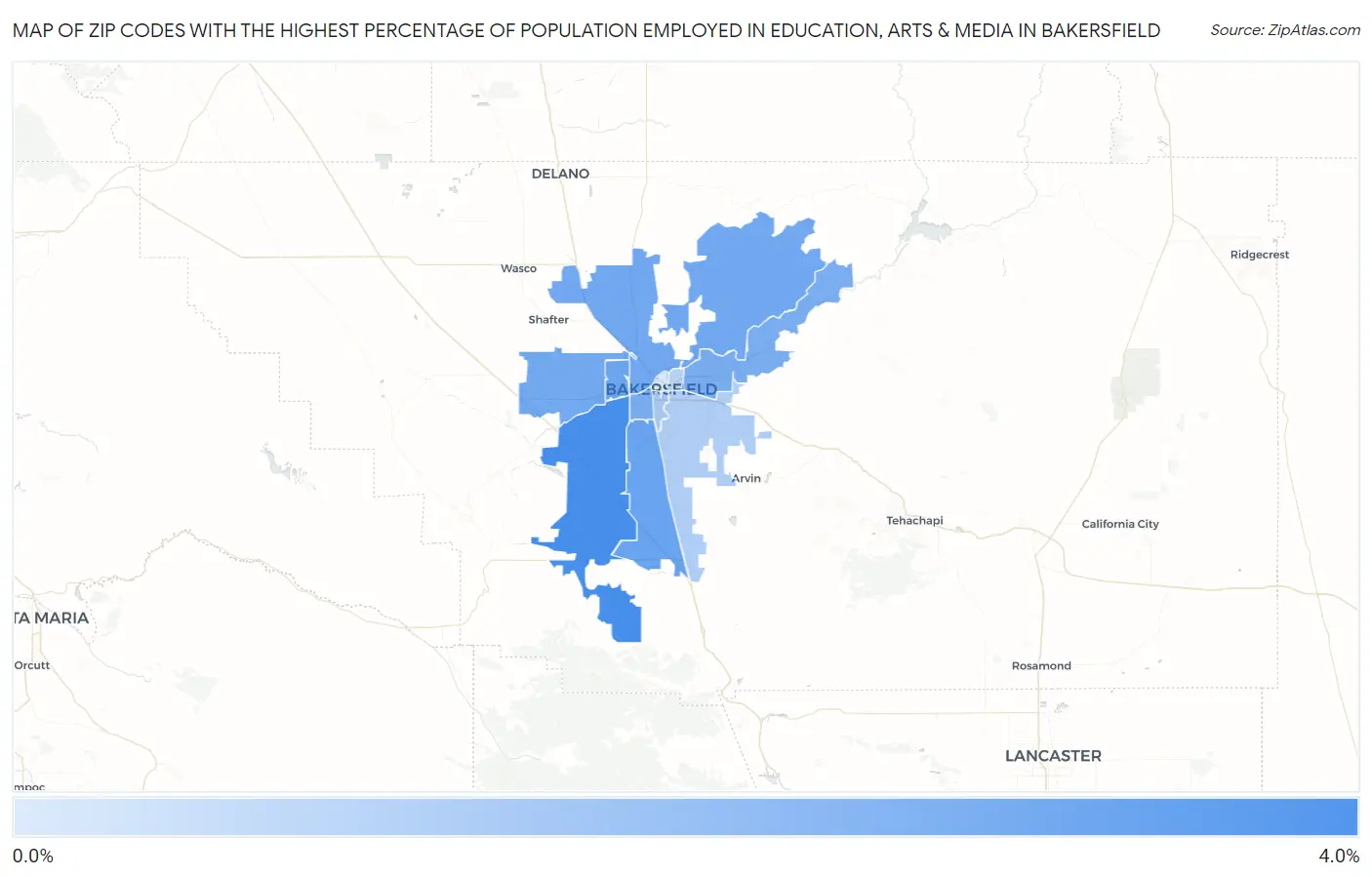 Zip Codes with the Highest Percentage of Population Employed in Education, Arts & Media in Bakersfield Map