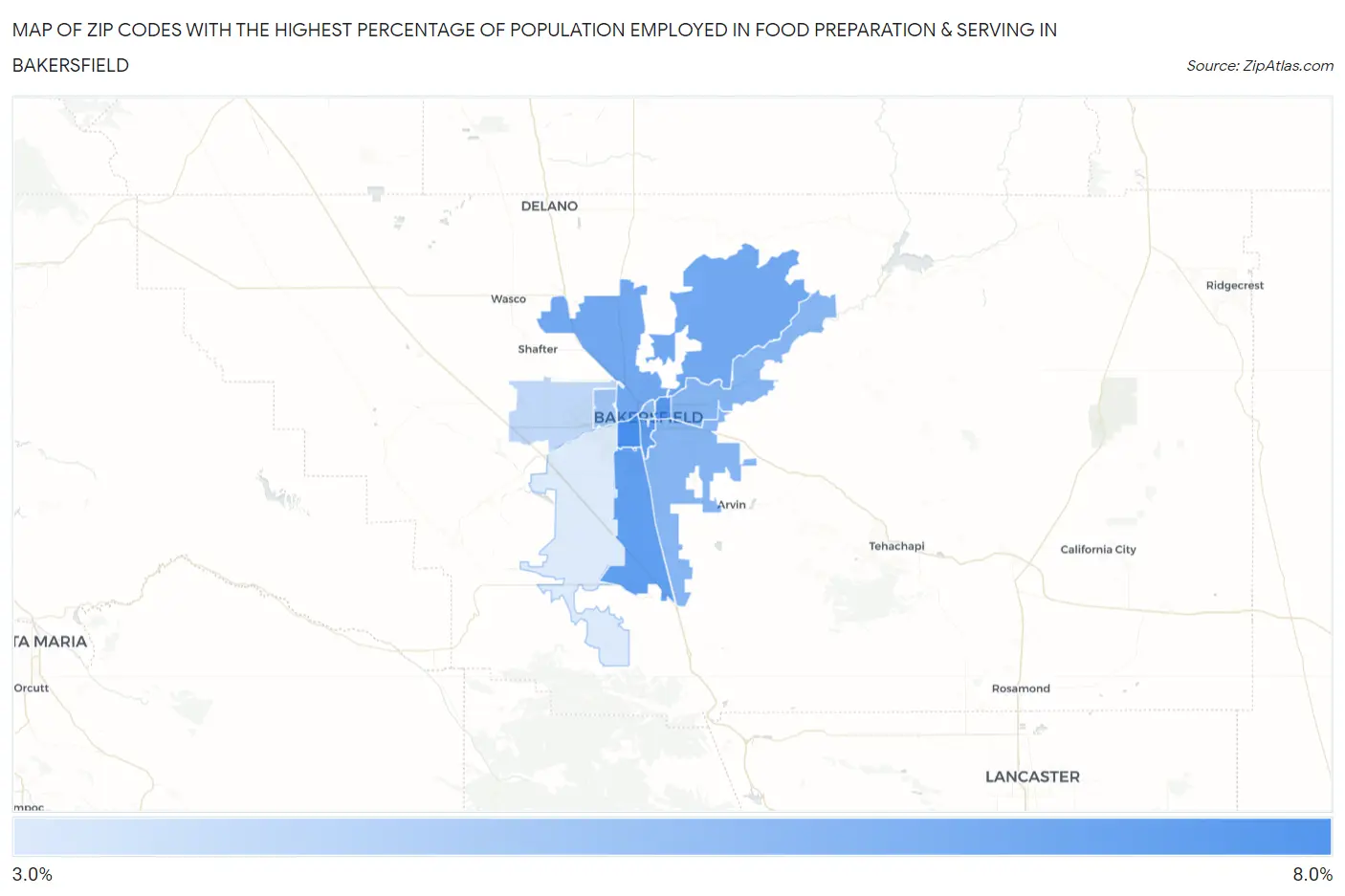 Zip Codes with the Highest Percentage of Population Employed in Food Preparation & Serving in Bakersfield Map