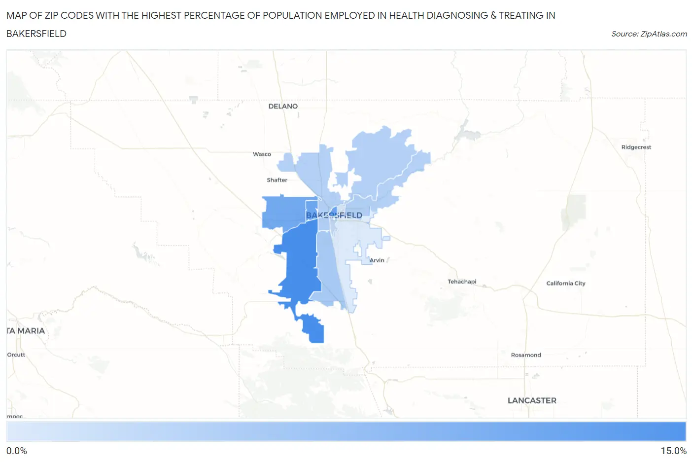 Zip Codes with the Highest Percentage of Population Employed in Health Diagnosing & Treating in Bakersfield Map