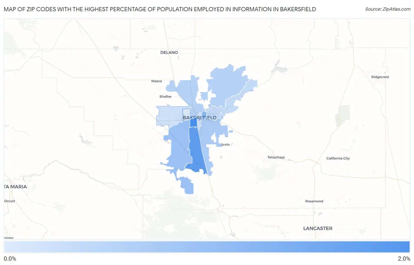 Zip Codes with the Highest Percentage of Population Employed in Information in Bakersfield Map