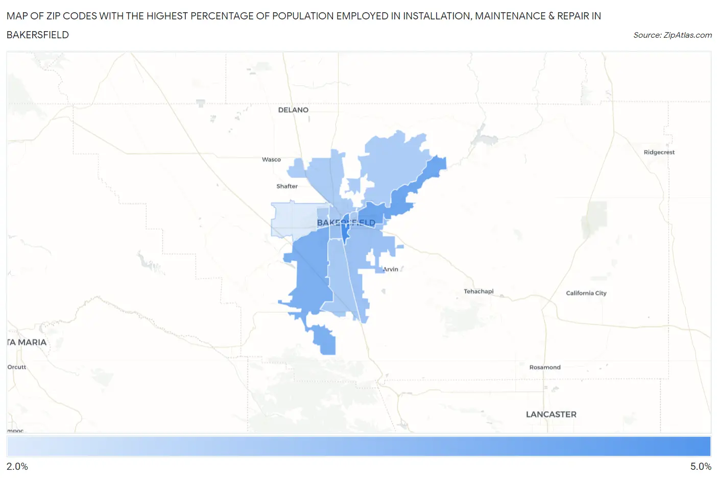 Zip Codes with the Highest Percentage of Population Employed in Installation, Maintenance & Repair in Bakersfield Map
