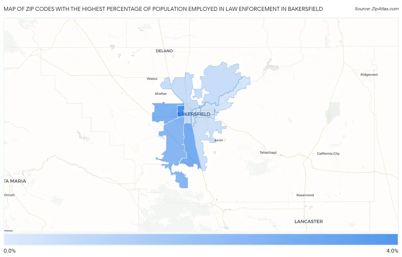 Zip Codes with the Highest Percentage of Population Employed in Law Enforcement in Bakersfield Map