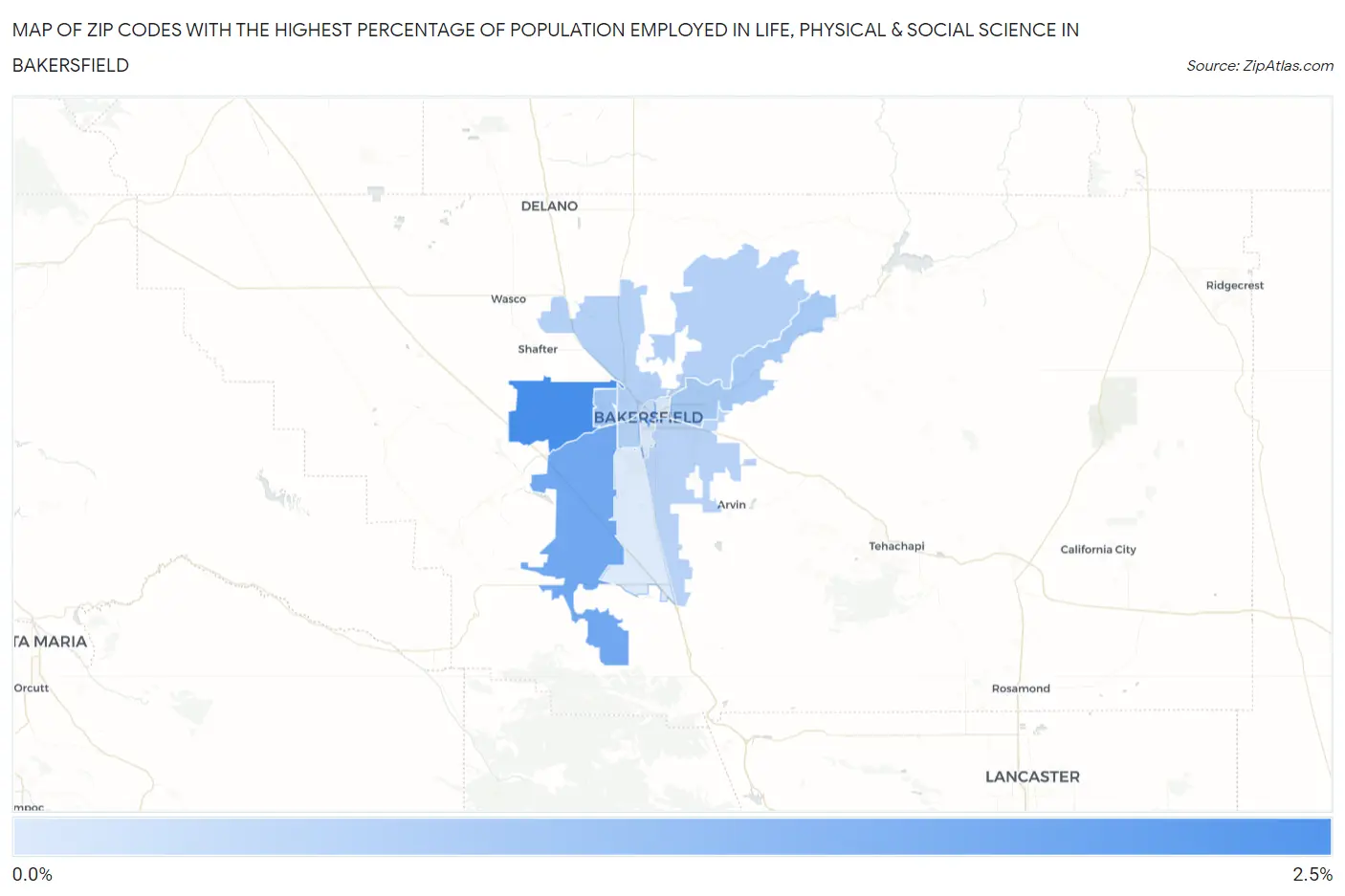 Zip Codes with the Highest Percentage of Population Employed in Life, Physical & Social Science in Bakersfield Map