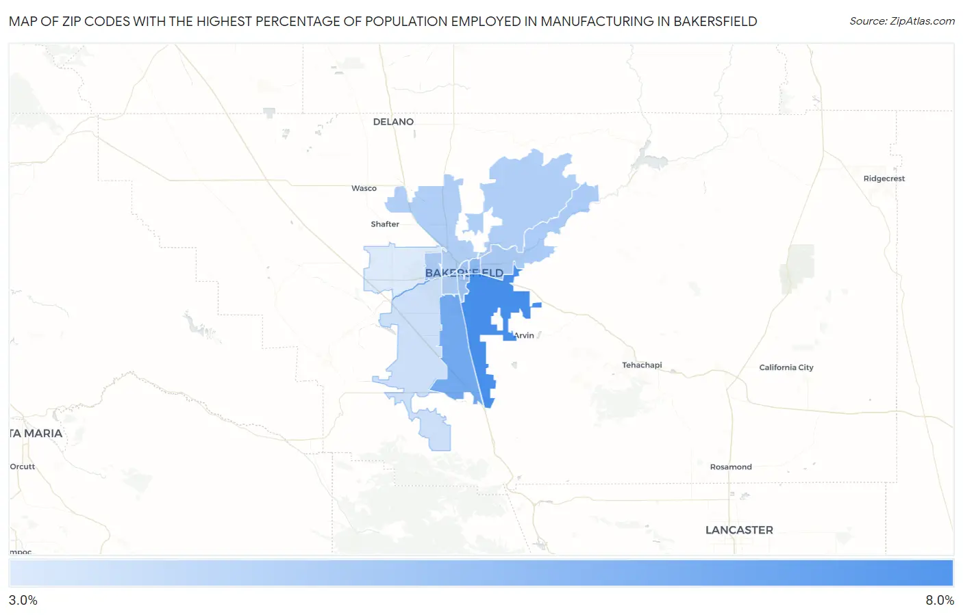 Zip Codes with the Highest Percentage of Population Employed in Manufacturing in Bakersfield Map