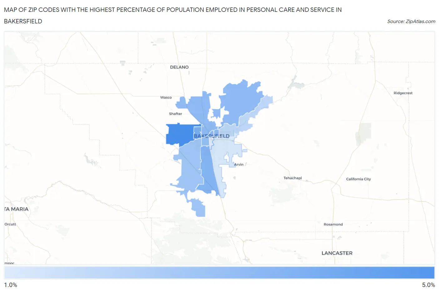 Zip Codes with the Highest Percentage of Population Employed in Personal Care and Service in Bakersfield Map