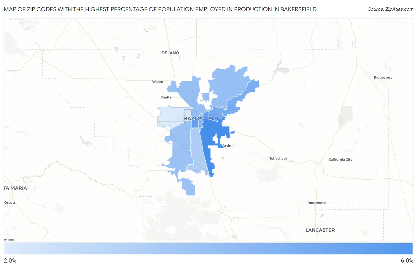 Zip Codes with the Highest Percentage of Population Employed in Production in Bakersfield Map