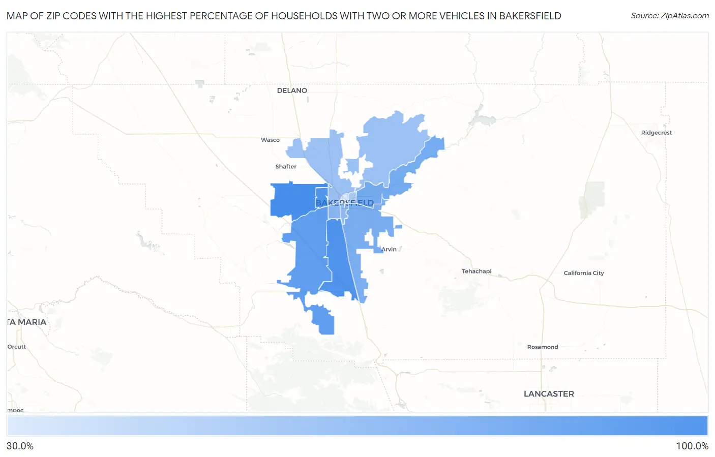 Zip Codes with the Highest Percentage of Households With Two or more Vehicles in Bakersfield Map