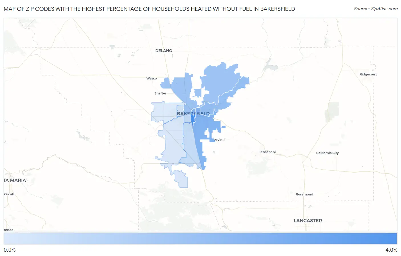 Zip Codes with the Highest Percentage of Households Heated without Fuel in Bakersfield Map