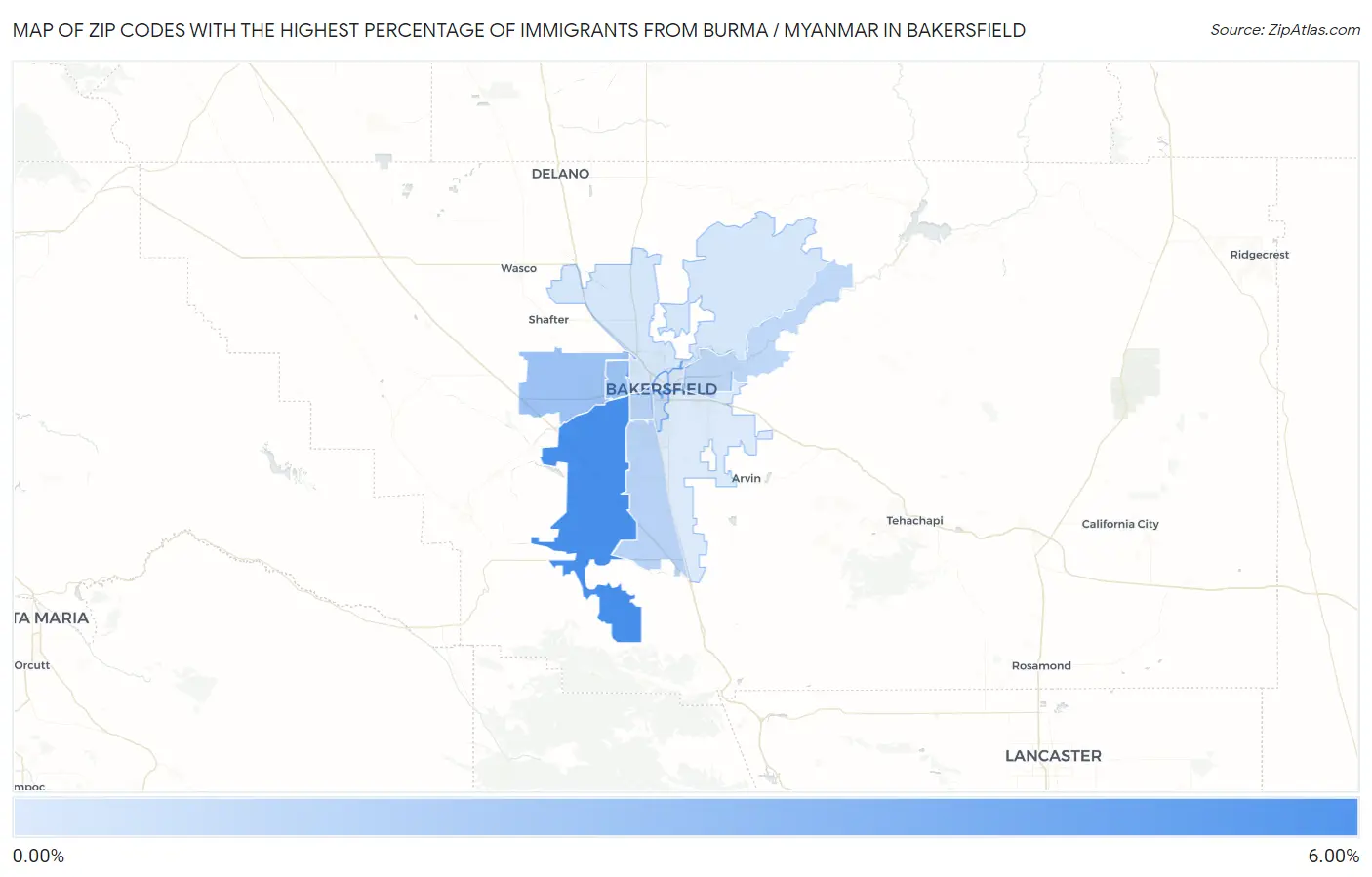 Zip Codes with the Highest Percentage of Immigrants from Burma / Myanmar in Bakersfield Map
