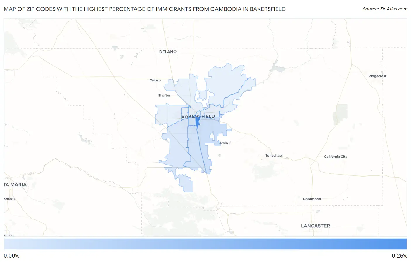 Zip Codes with the Highest Percentage of Immigrants from Cambodia in Bakersfield Map