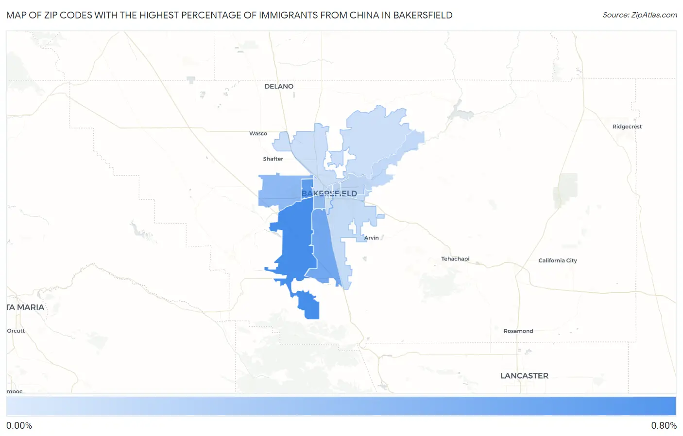 Zip Codes with the Highest Percentage of Immigrants from China in Bakersfield Map