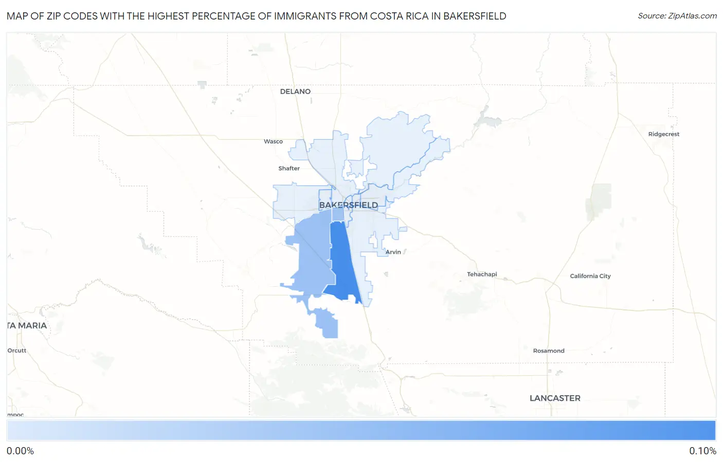 Zip Codes with the Highest Percentage of Immigrants from Costa Rica in Bakersfield Map