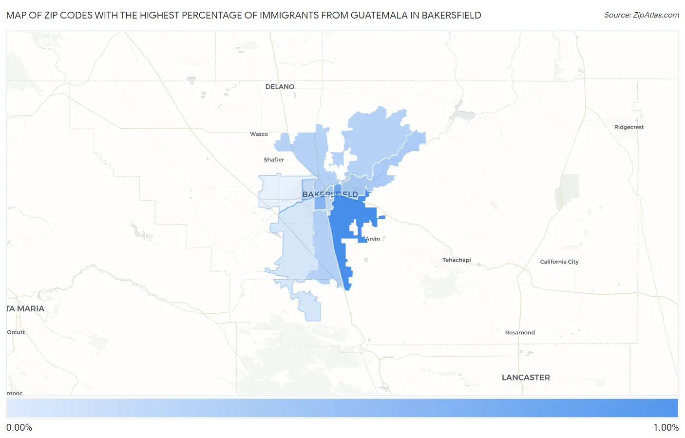 Zip Codes with the Highest Percentage of Immigrants from Guatemala in Bakersfield Map