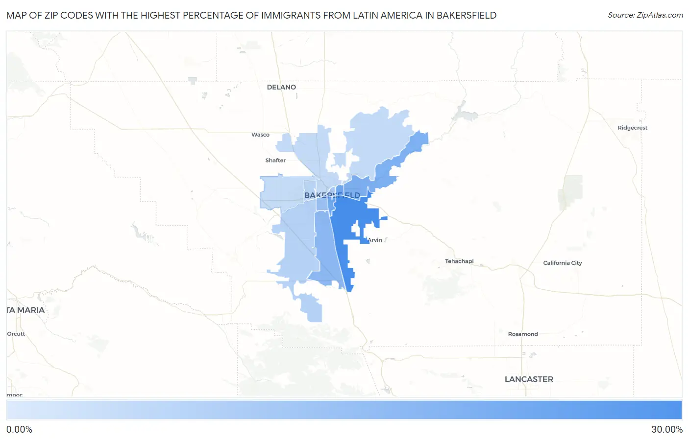 Zip Codes with the Highest Percentage of Immigrants from Latin America in Bakersfield Map