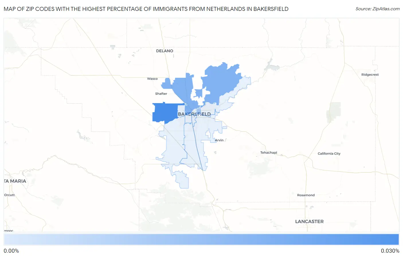 Zip Codes with the Highest Percentage of Immigrants from Netherlands in Bakersfield Map