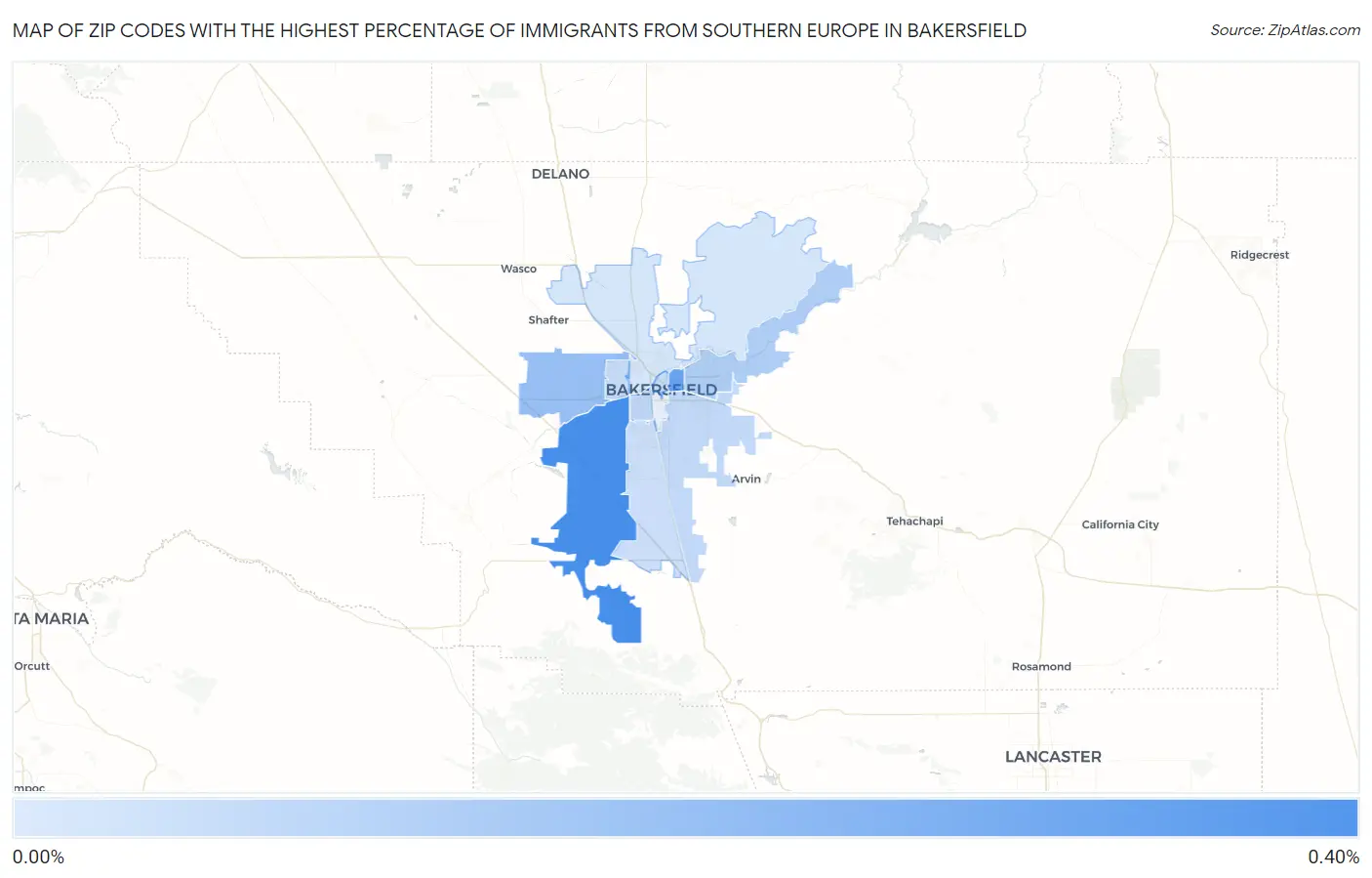 Zip Codes with the Highest Percentage of Immigrants from Southern Europe in Bakersfield Map