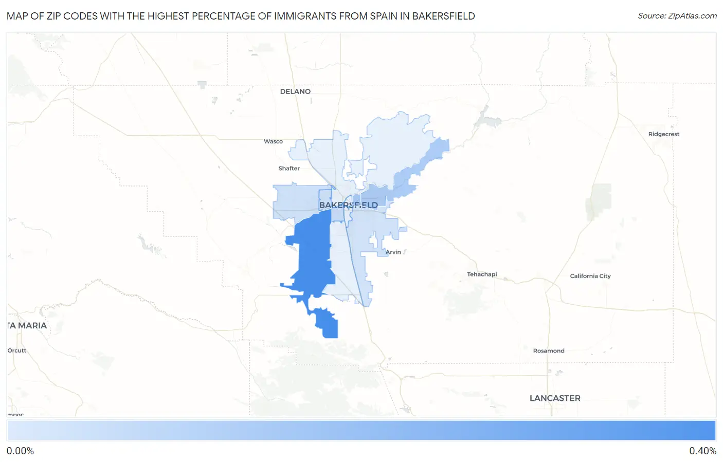 Zip Codes with the Highest Percentage of Immigrants from Spain in Bakersfield Map