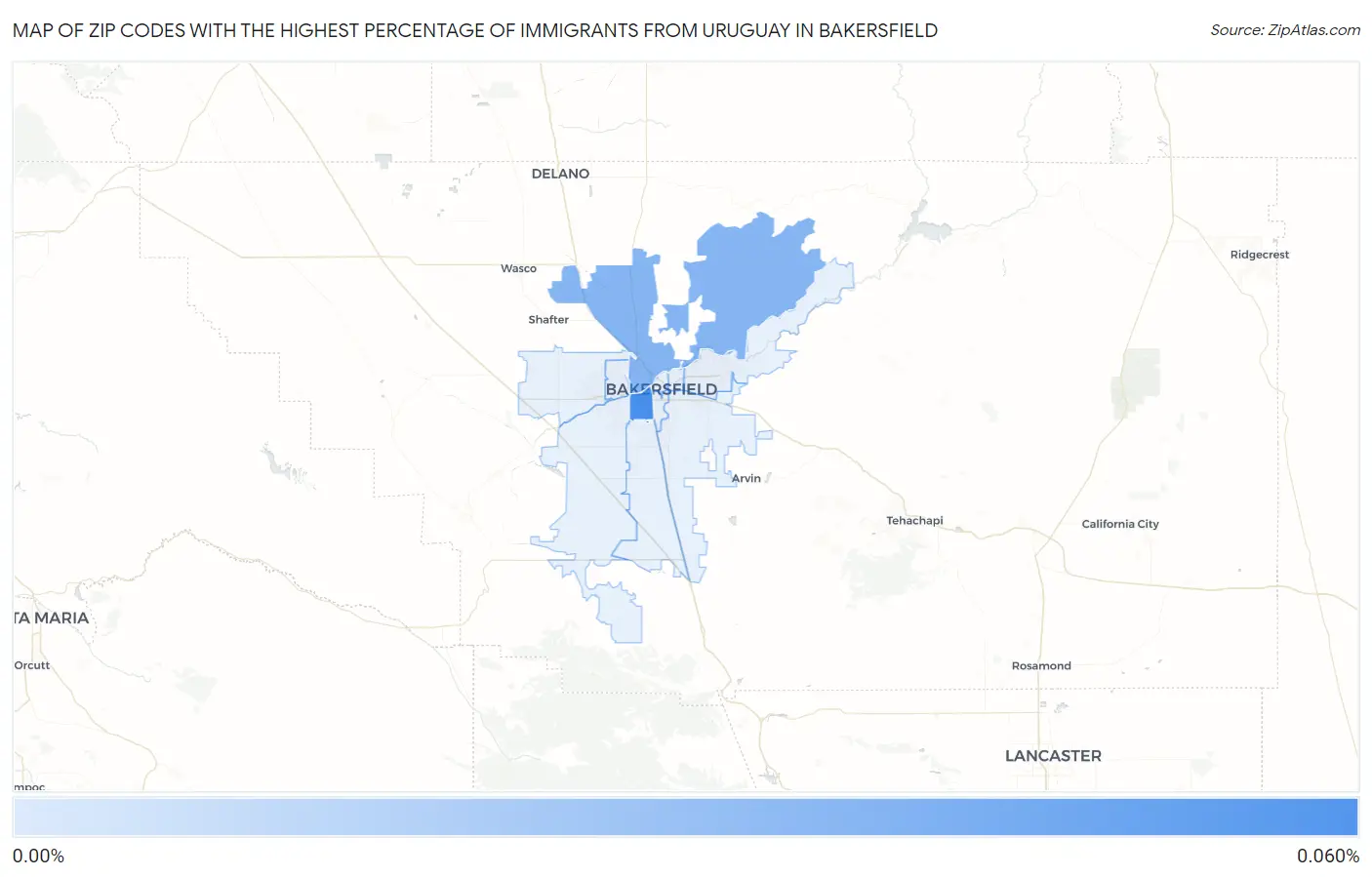 Zip Codes with the Highest Percentage of Immigrants from Uruguay in Bakersfield Map
