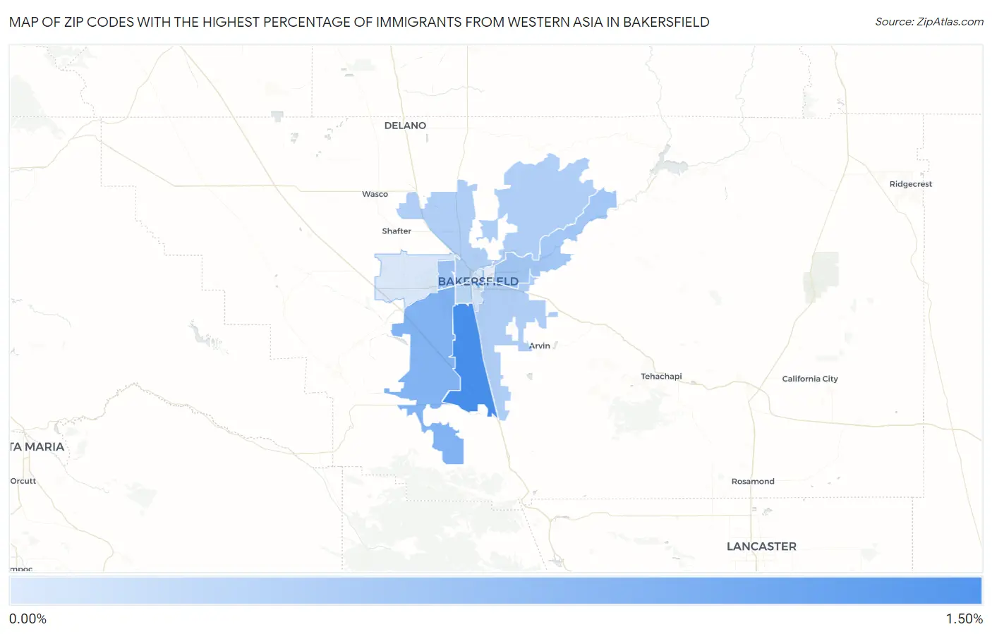 Zip Codes with the Highest Percentage of Immigrants from Western Asia in Bakersfield Map