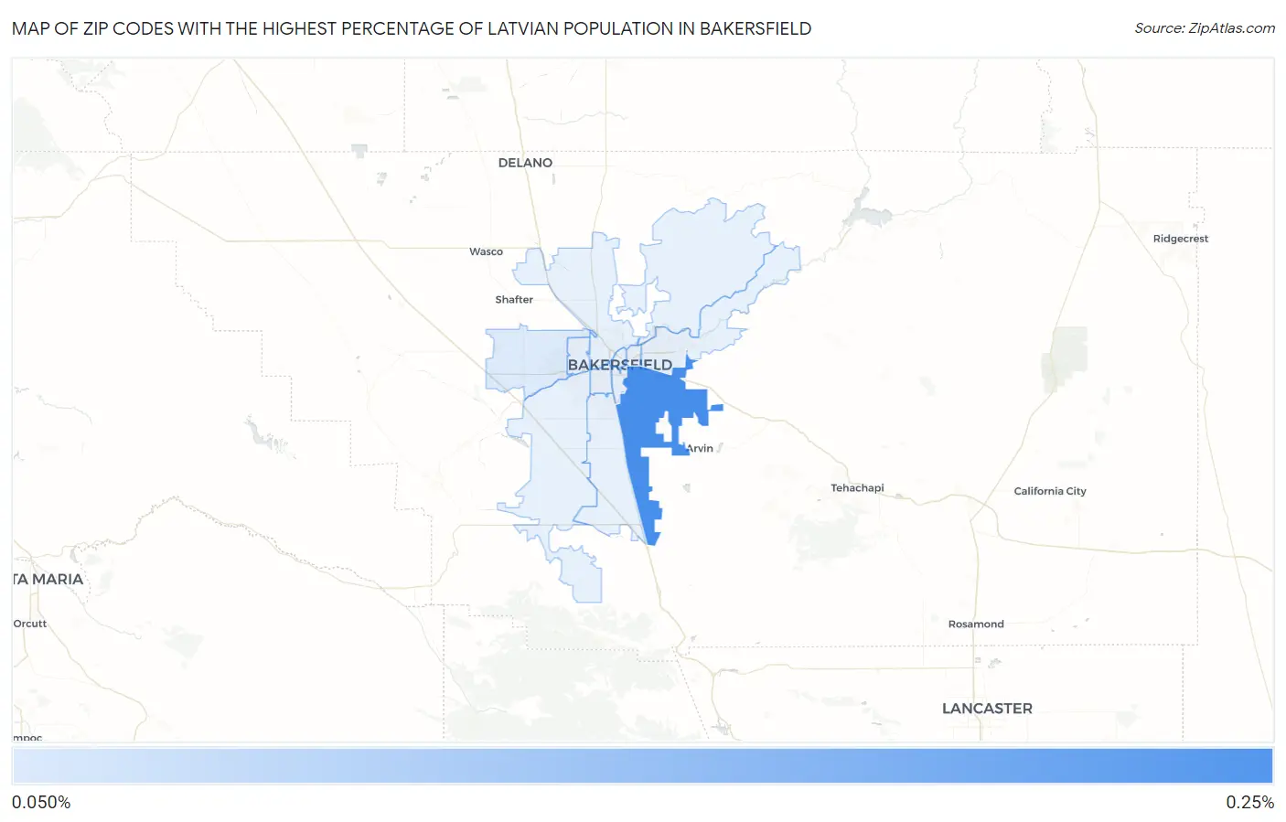 Zip Codes with the Highest Percentage of Latvian Population in Bakersfield Map