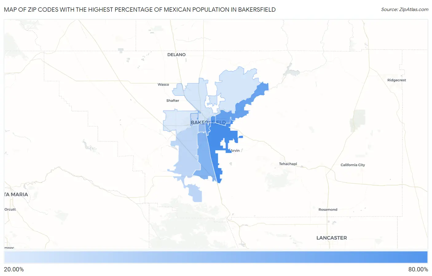 Zip Codes with the Highest Percentage of Mexican Population in Bakersfield Map