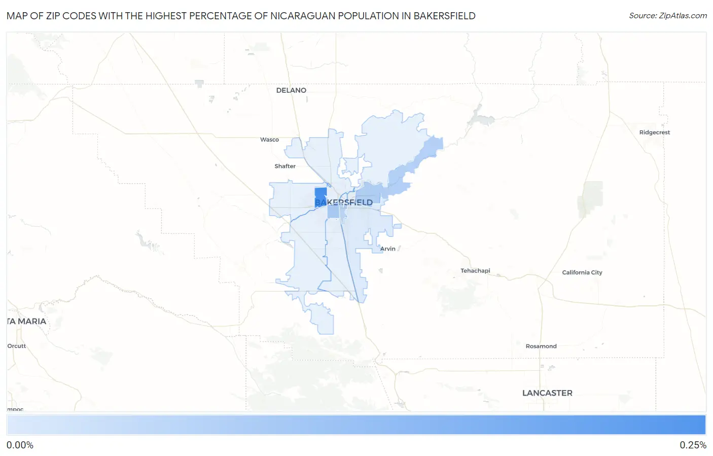 Zip Codes with the Highest Percentage of Nicaraguan Population in Bakersfield Map