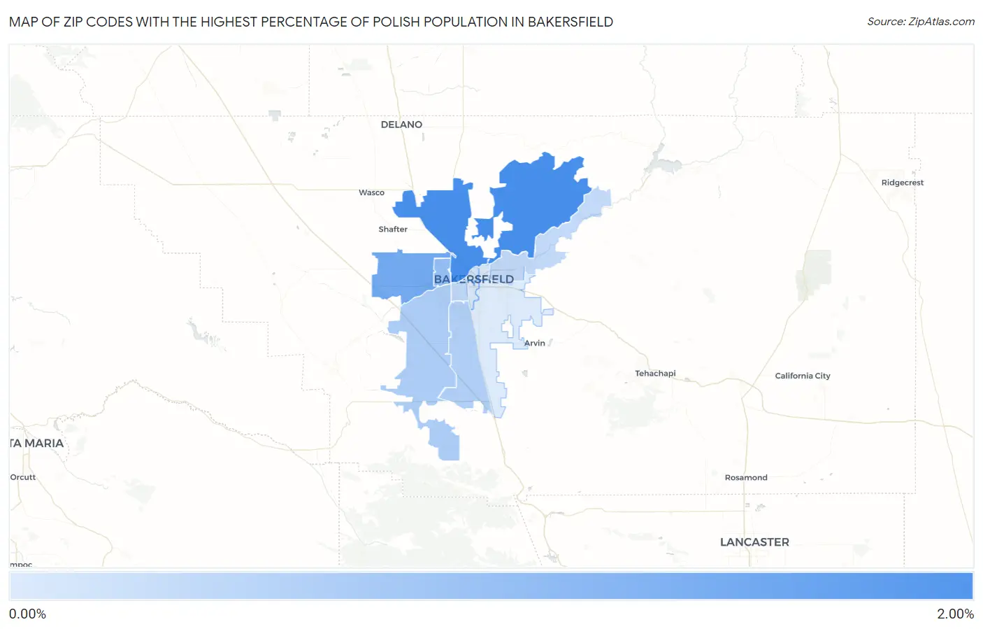 Zip Codes with the Highest Percentage of Polish Population in Bakersfield Map
