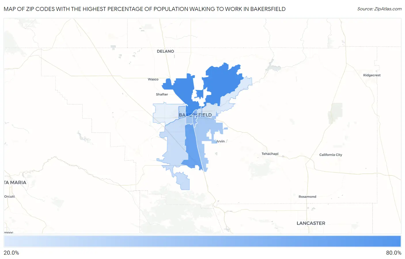 Zip Codes with the Highest Percentage of Population Walking to Work in Bakersfield Map