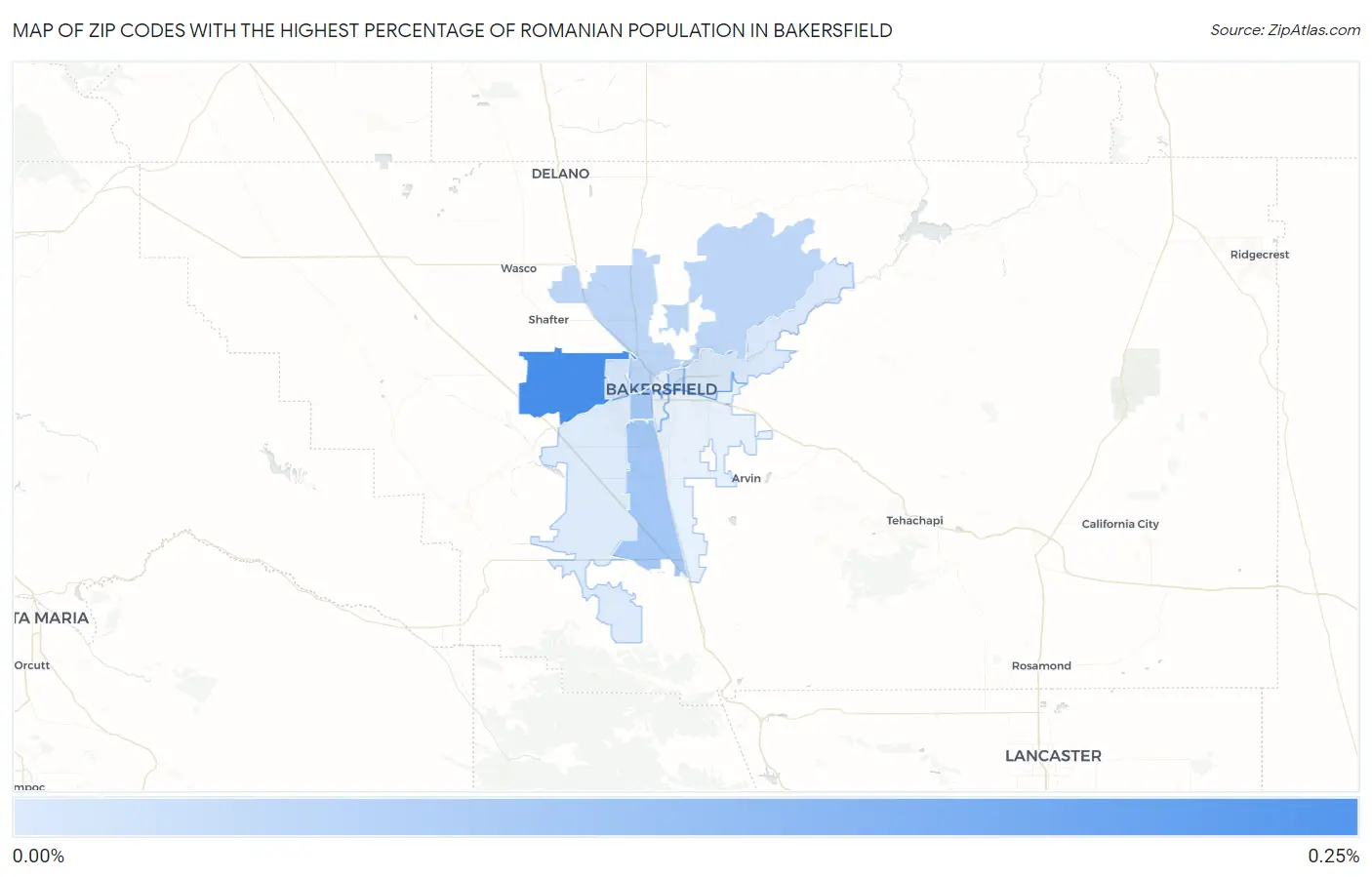 Zip Codes with the Highest Percentage of Romanian Population in Bakersfield Map