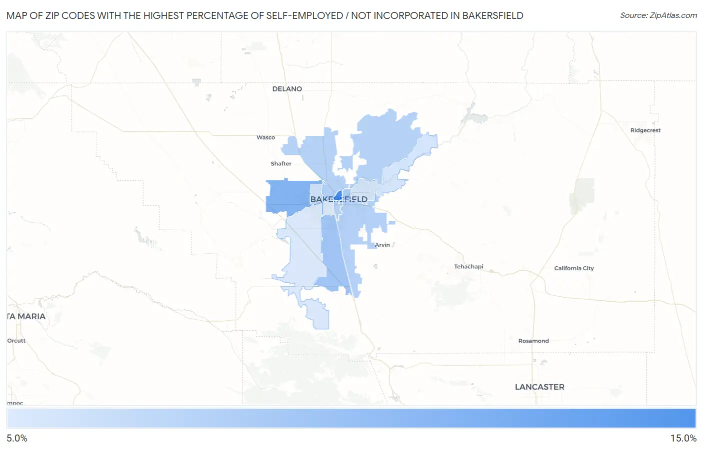Zip Codes with the Highest Percentage of Self-Employed / Not Incorporated in Bakersfield Map