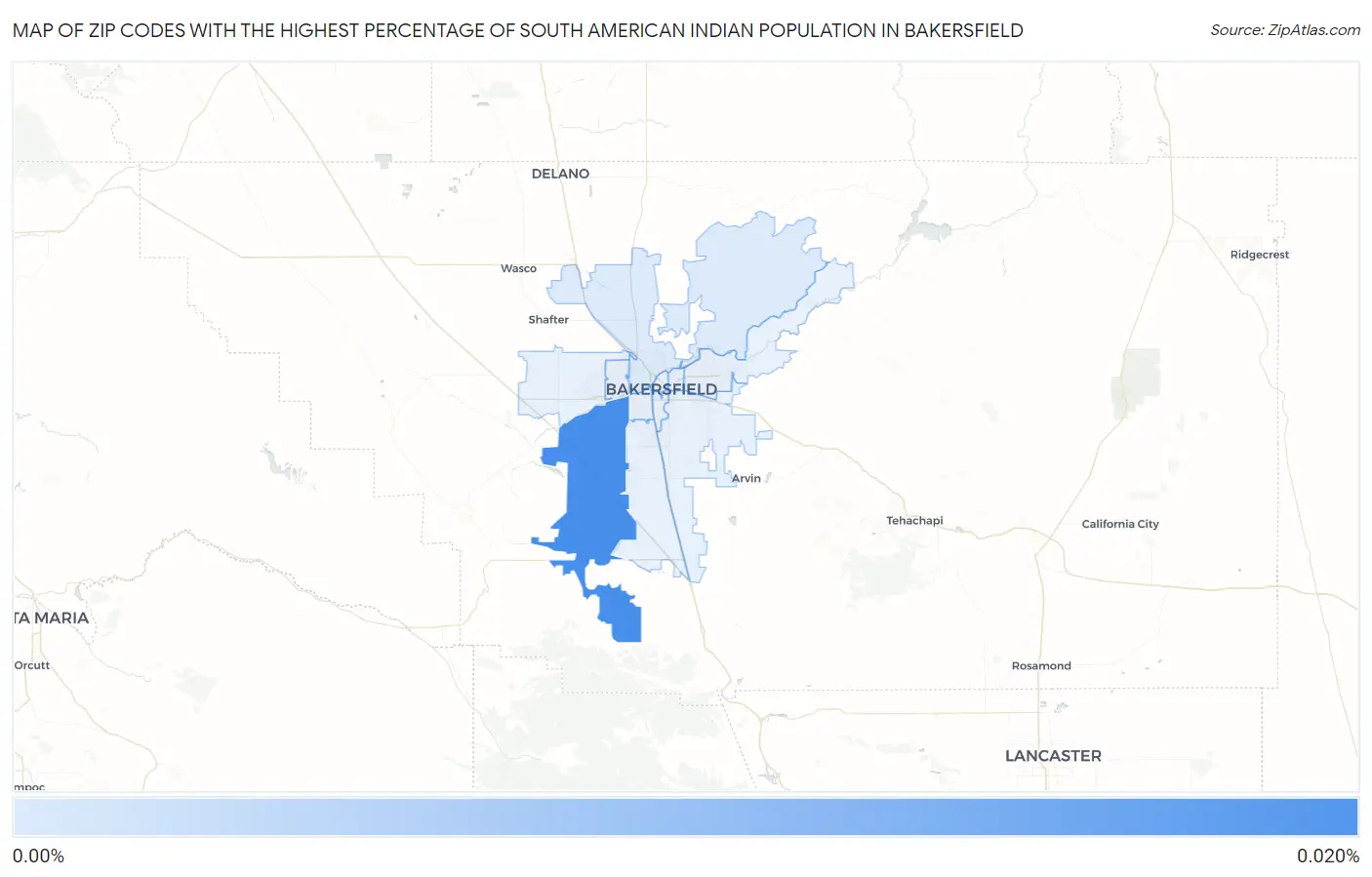 Zip Codes with the Highest Percentage of South American Indian Population in Bakersfield Map