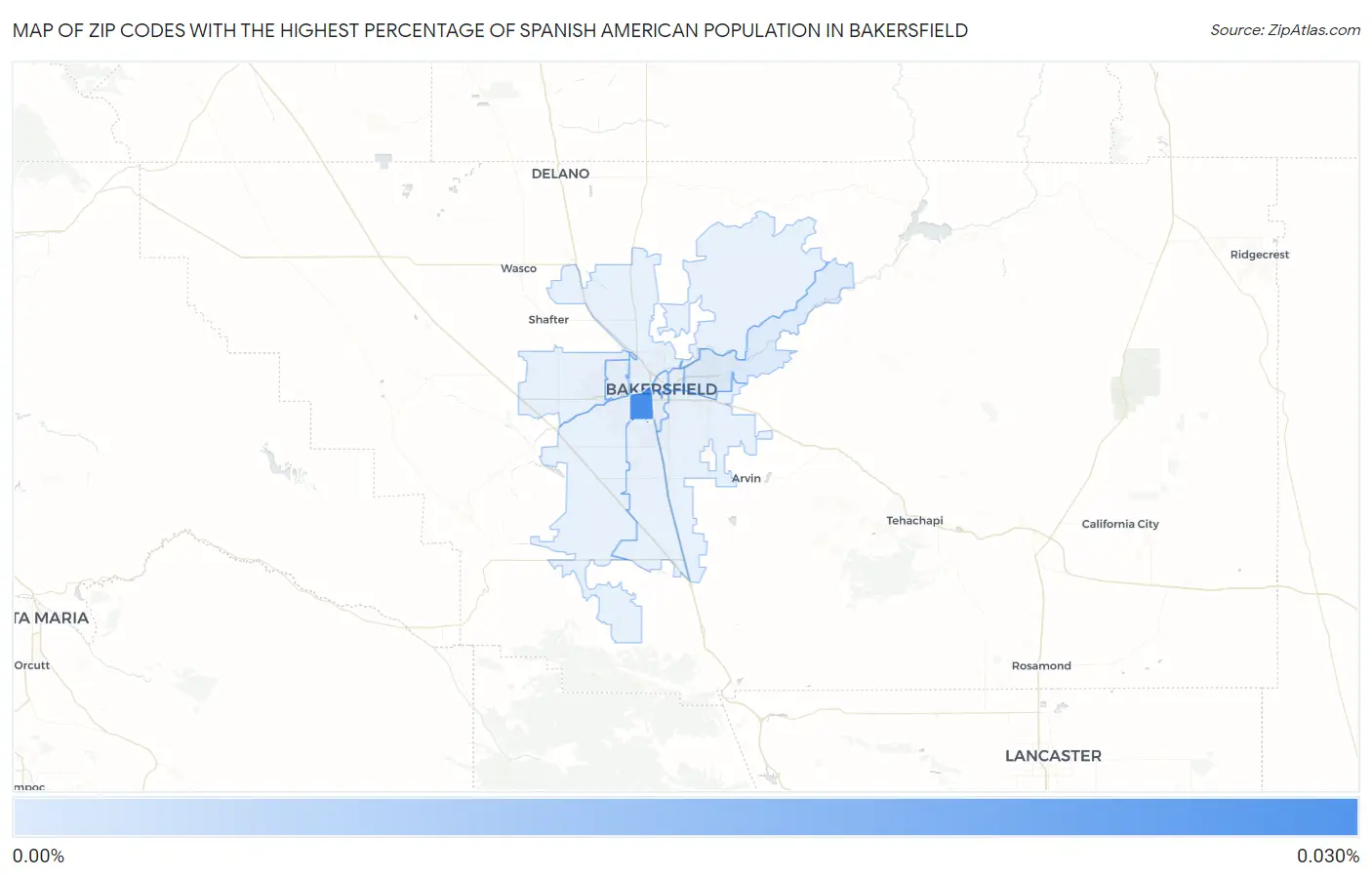 Zip Codes with the Highest Percentage of Spanish American Population in Bakersfield Map