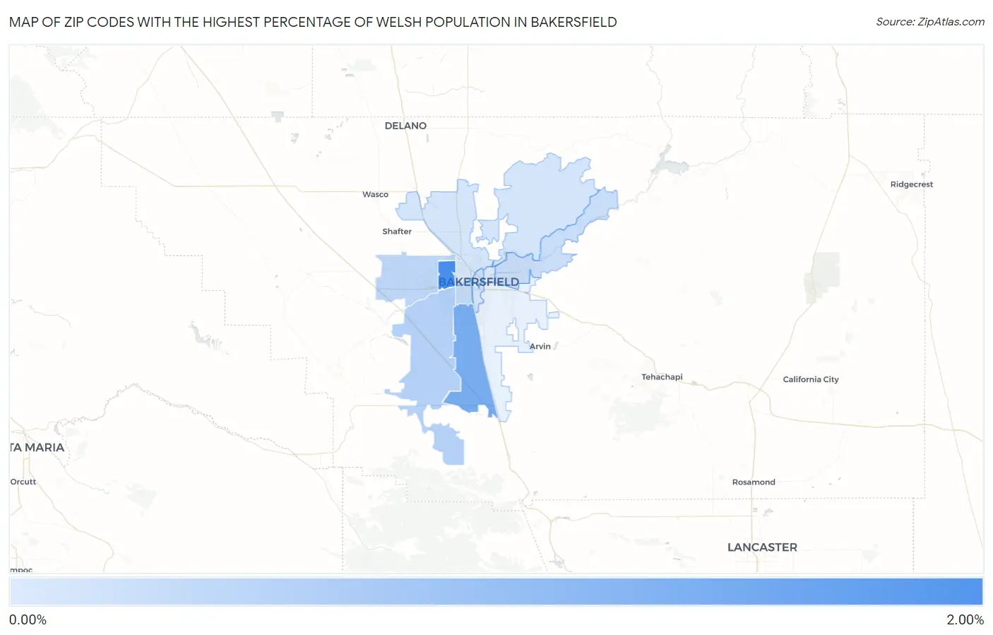 Zip Codes with the Highest Percentage of Welsh Population in Bakersfield Map