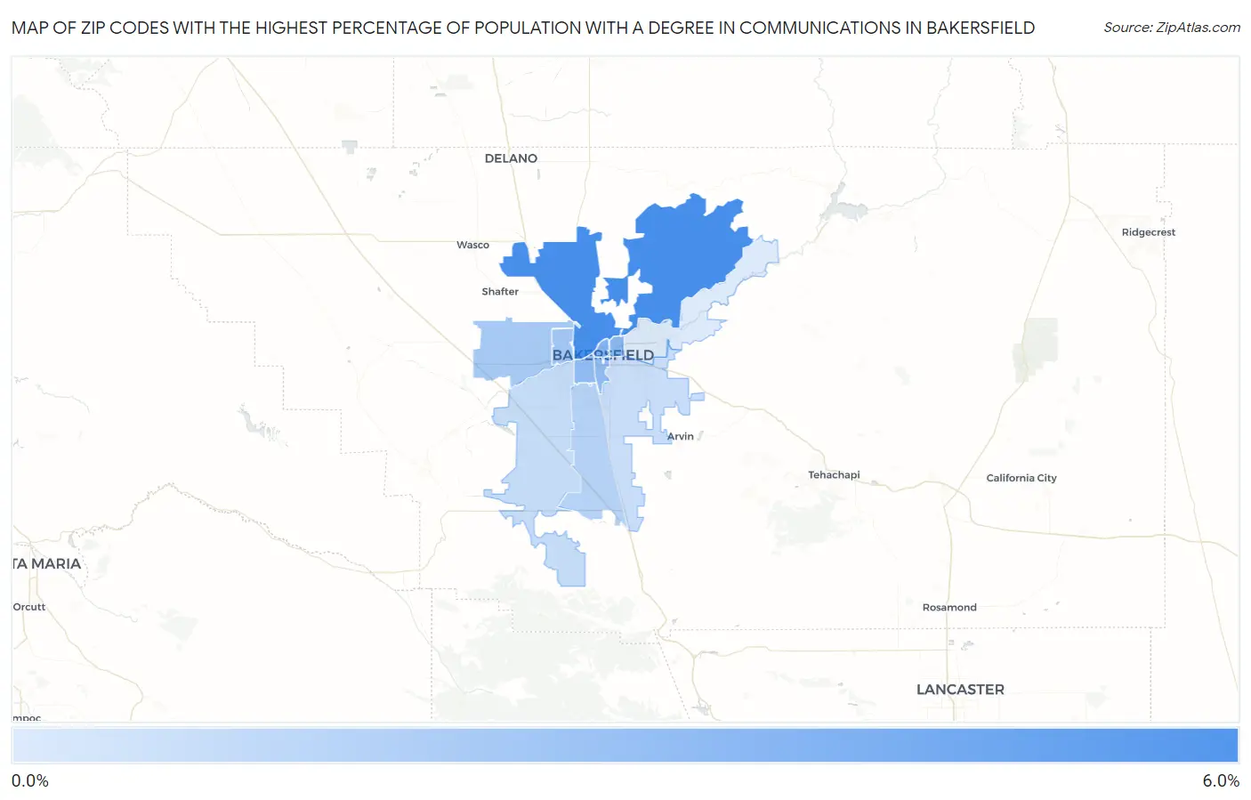 Zip Codes with the Highest Percentage of Population with a Degree in Communications in Bakersfield Map