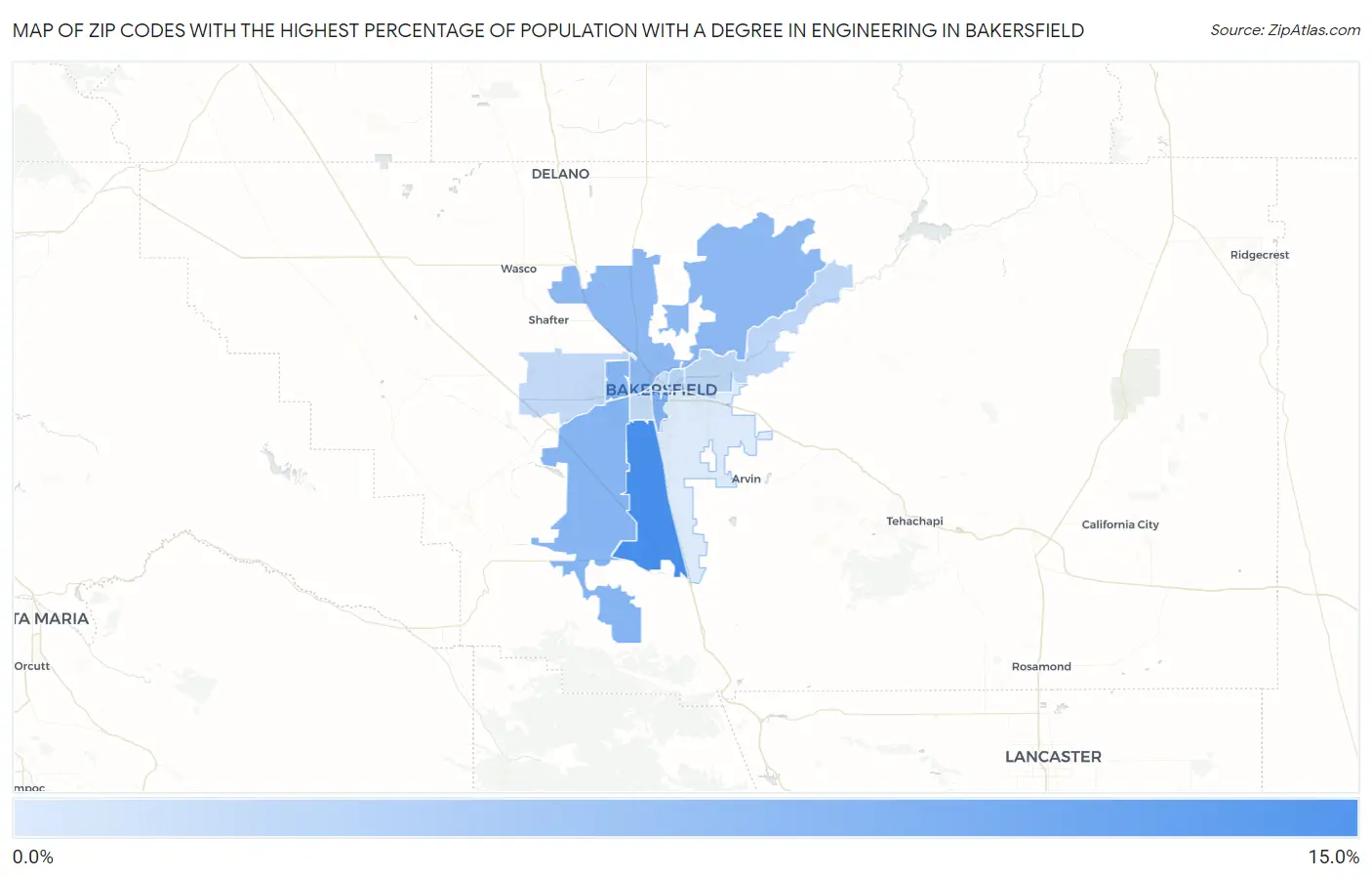 Zip Codes with the Highest Percentage of Population with a Degree in Engineering in Bakersfield Map