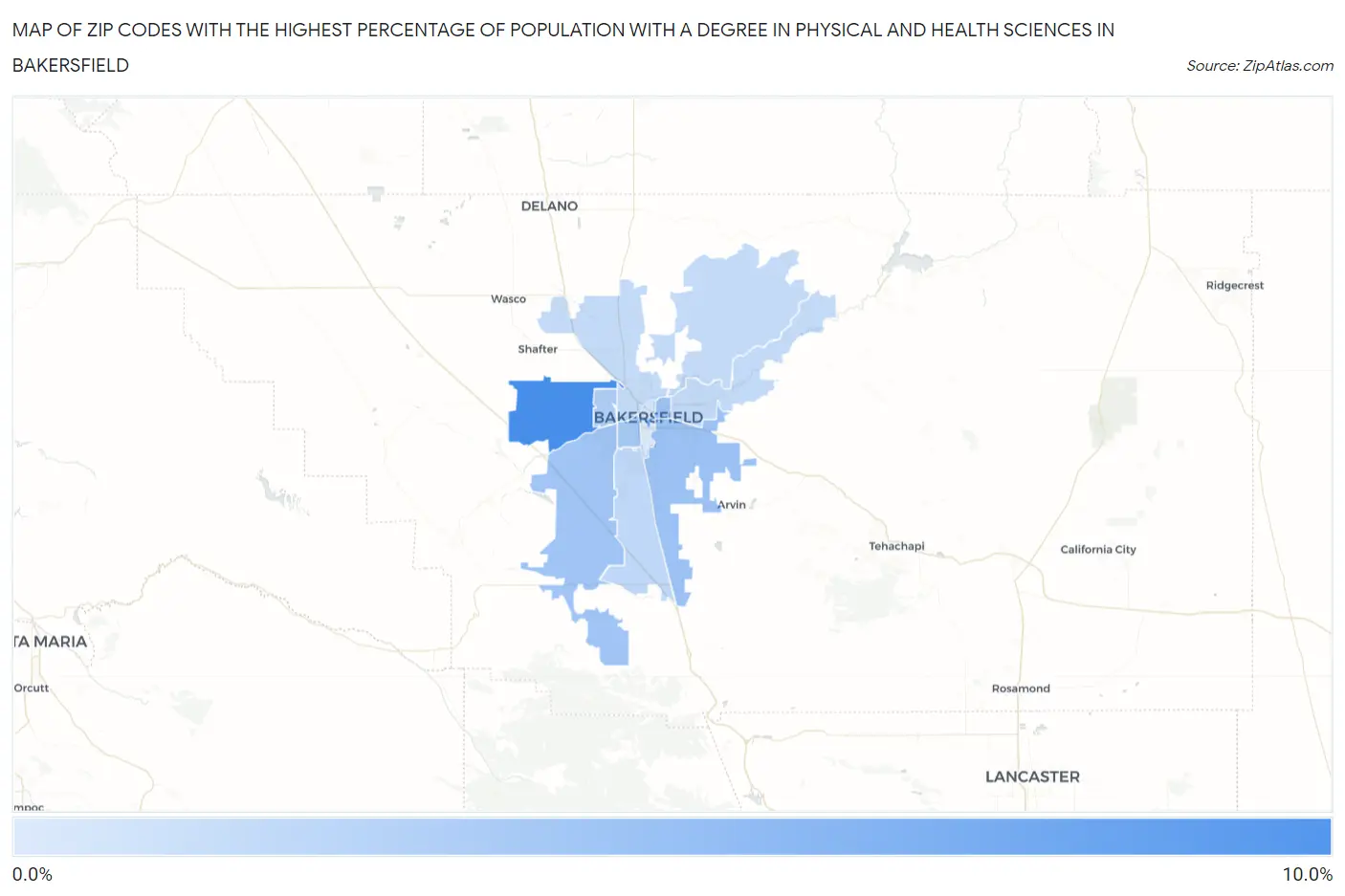 Zip Codes with the Highest Percentage of Population with a Degree in Physical and Health Sciences in Bakersfield Map